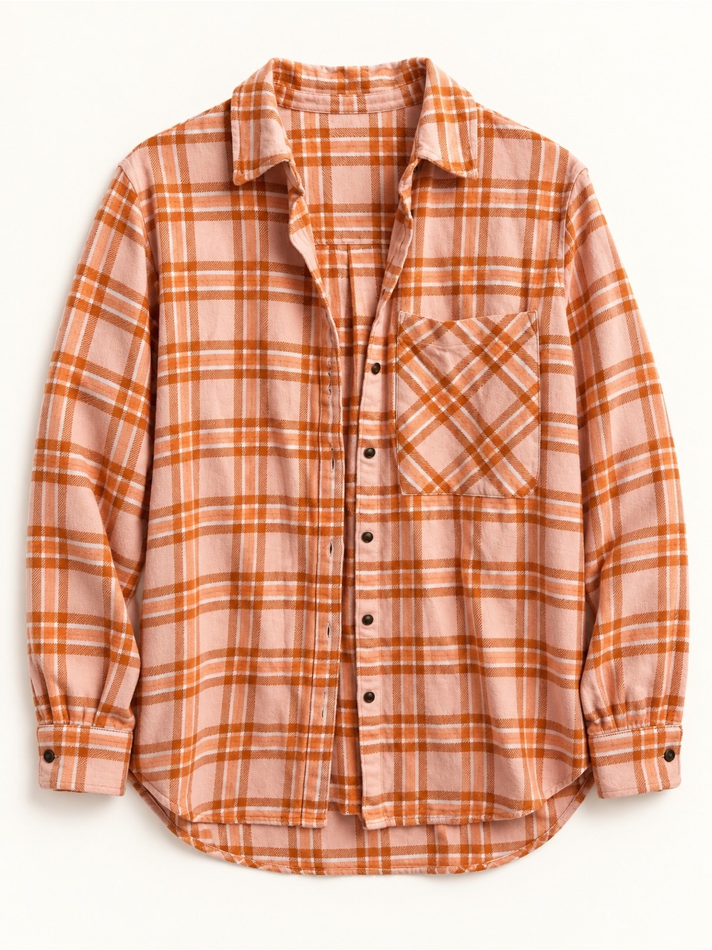 Aerie Peach & Rust Plaid Button-Down Shirt — Small